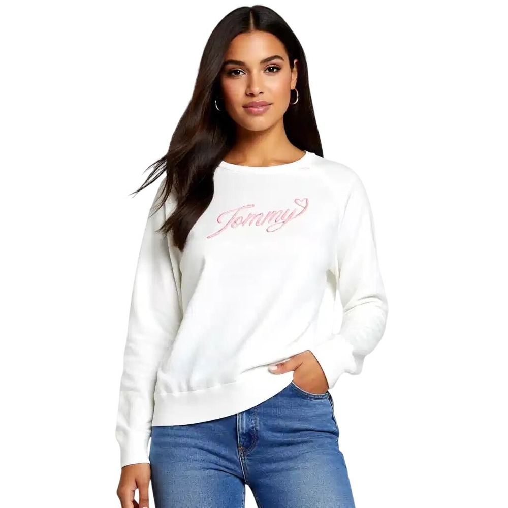 Tommy Hilfiger Womens White Embroidered Heart Logo Crewneck Sweater M NWT